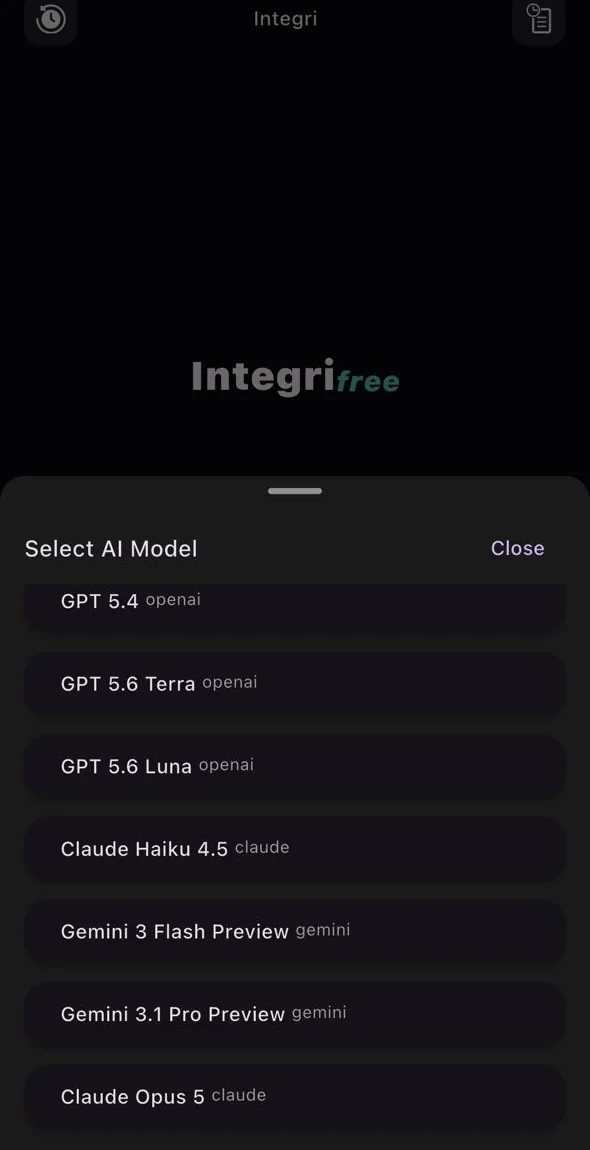Integri AI chat app for iPhone and Android, chat screen
