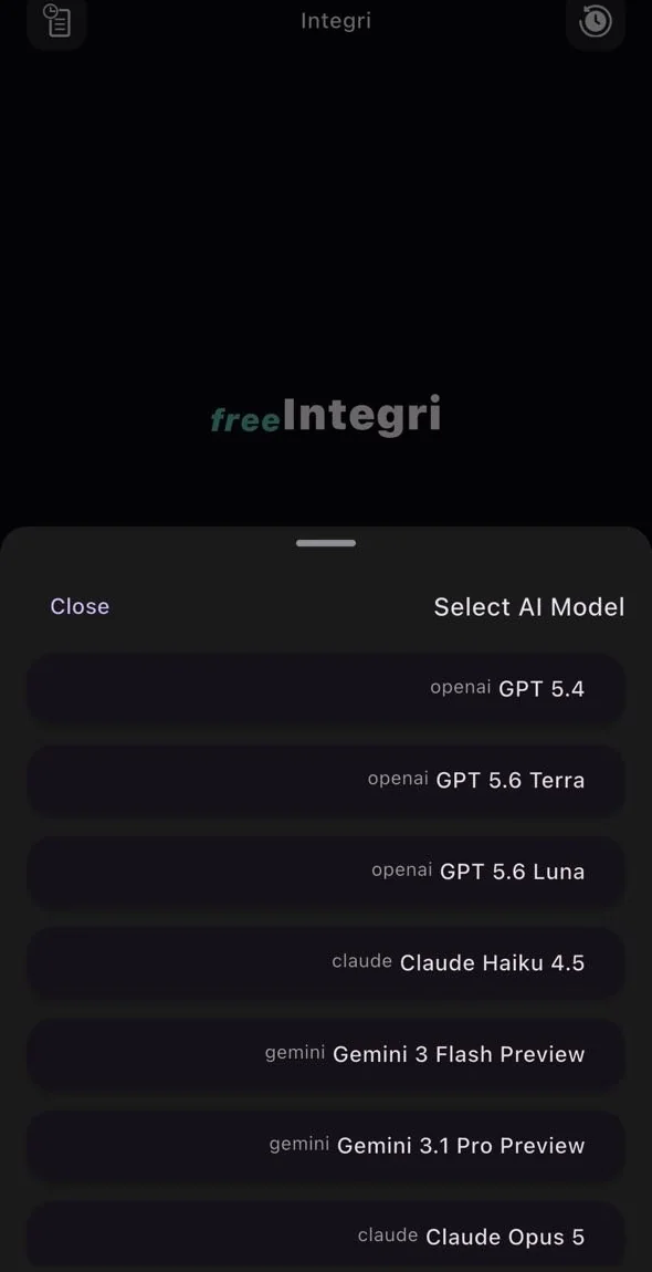 منتقي النماذج في تطبيق Integri مع جي بي تي وكلود وجيميناي (GPT وClaude وGemini)