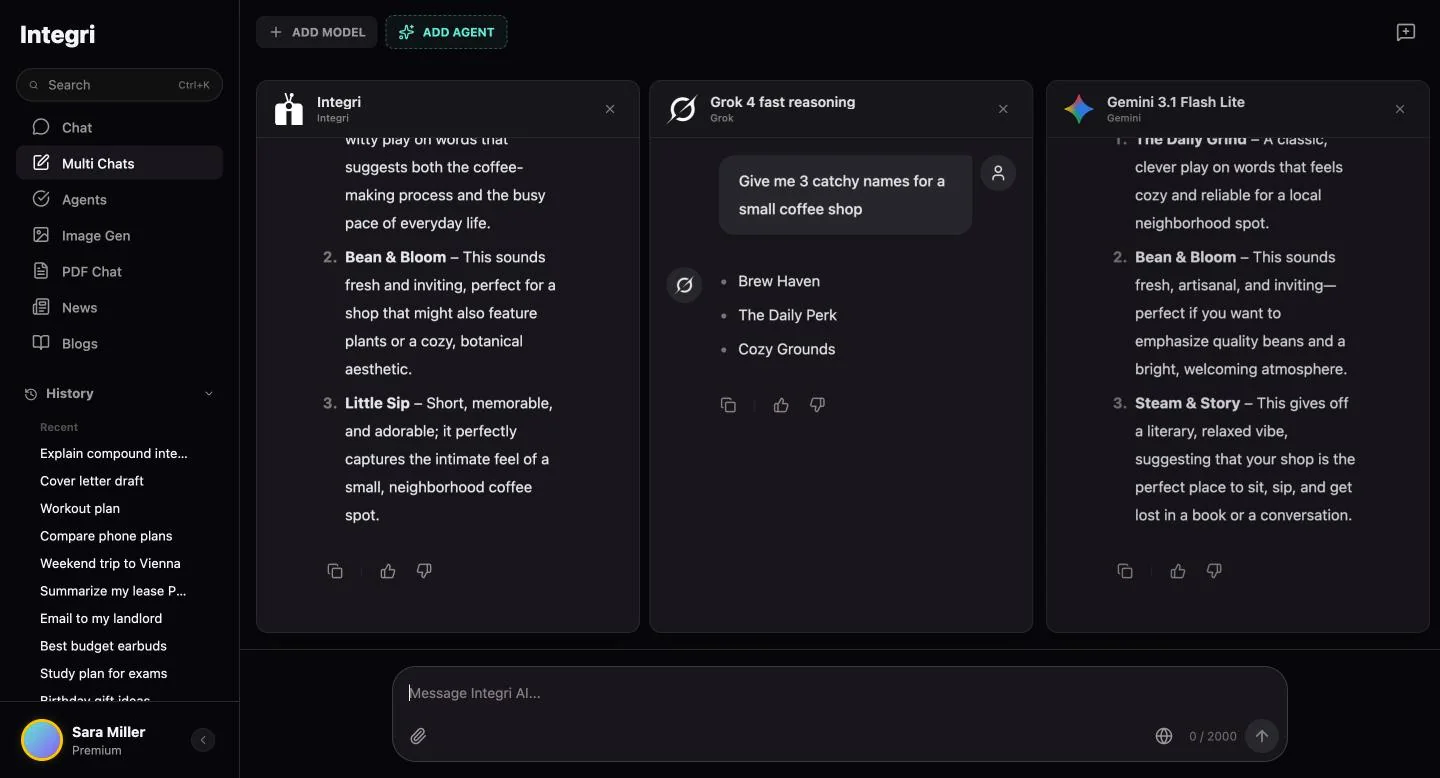 Integri multi AI chat comparing answers from Integri, Grok and Gemini side by side